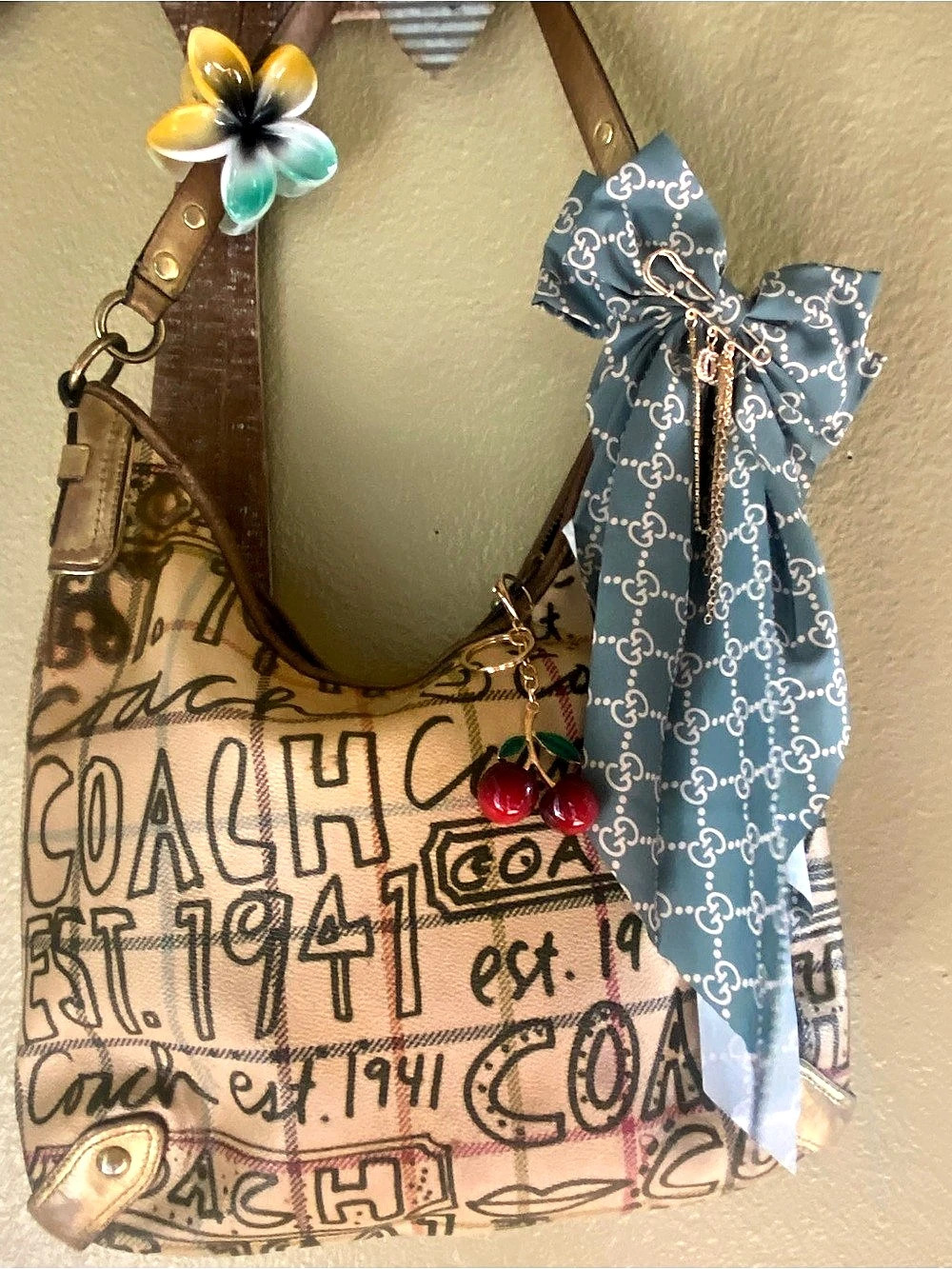 Cherry bag charm with hairbow claw clip and safety pin brooch bundle set of acce